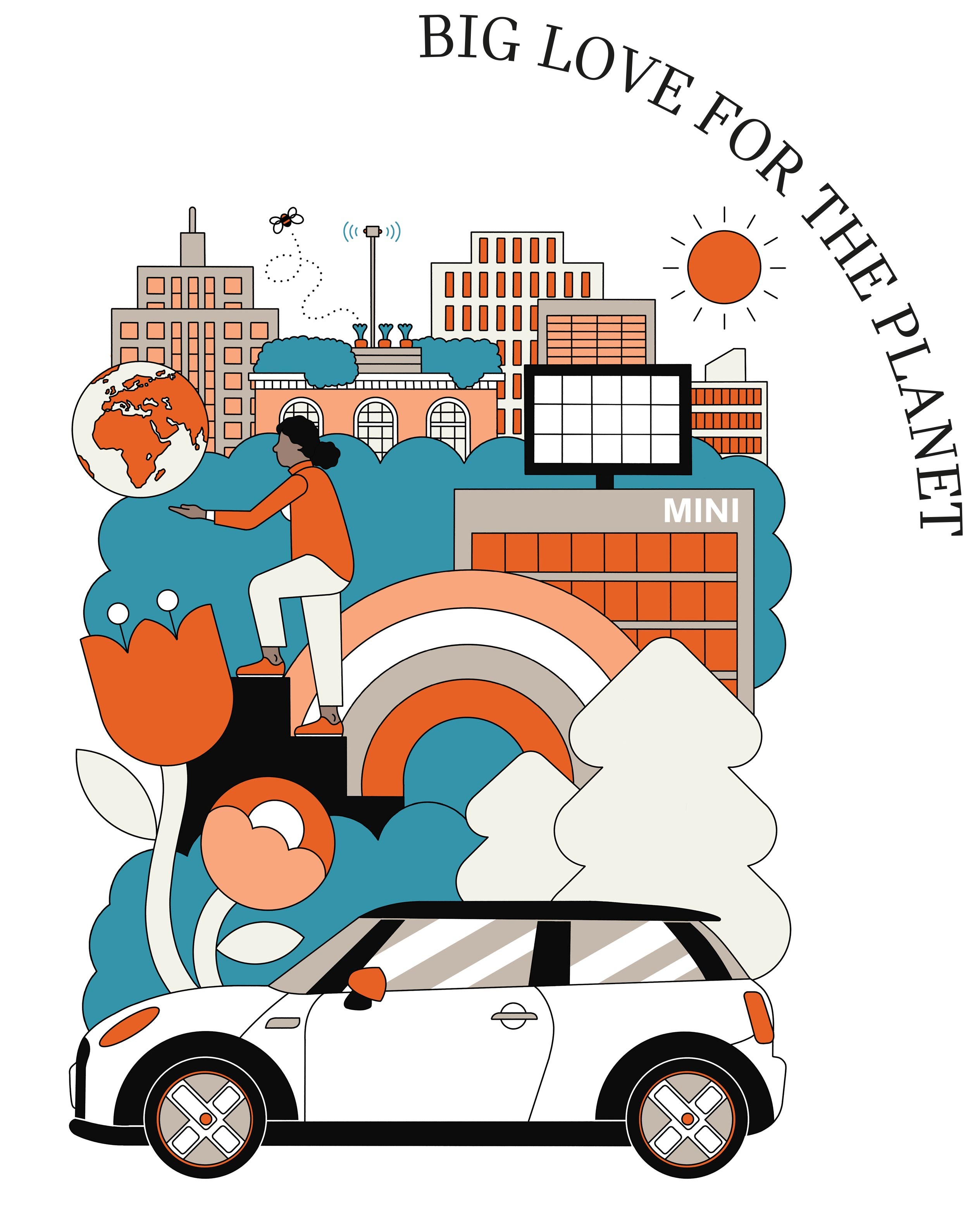 Illustration of several elements in a sustainable context which symbolize MINI´s claim BIG LOVE FOR THE PLANET.